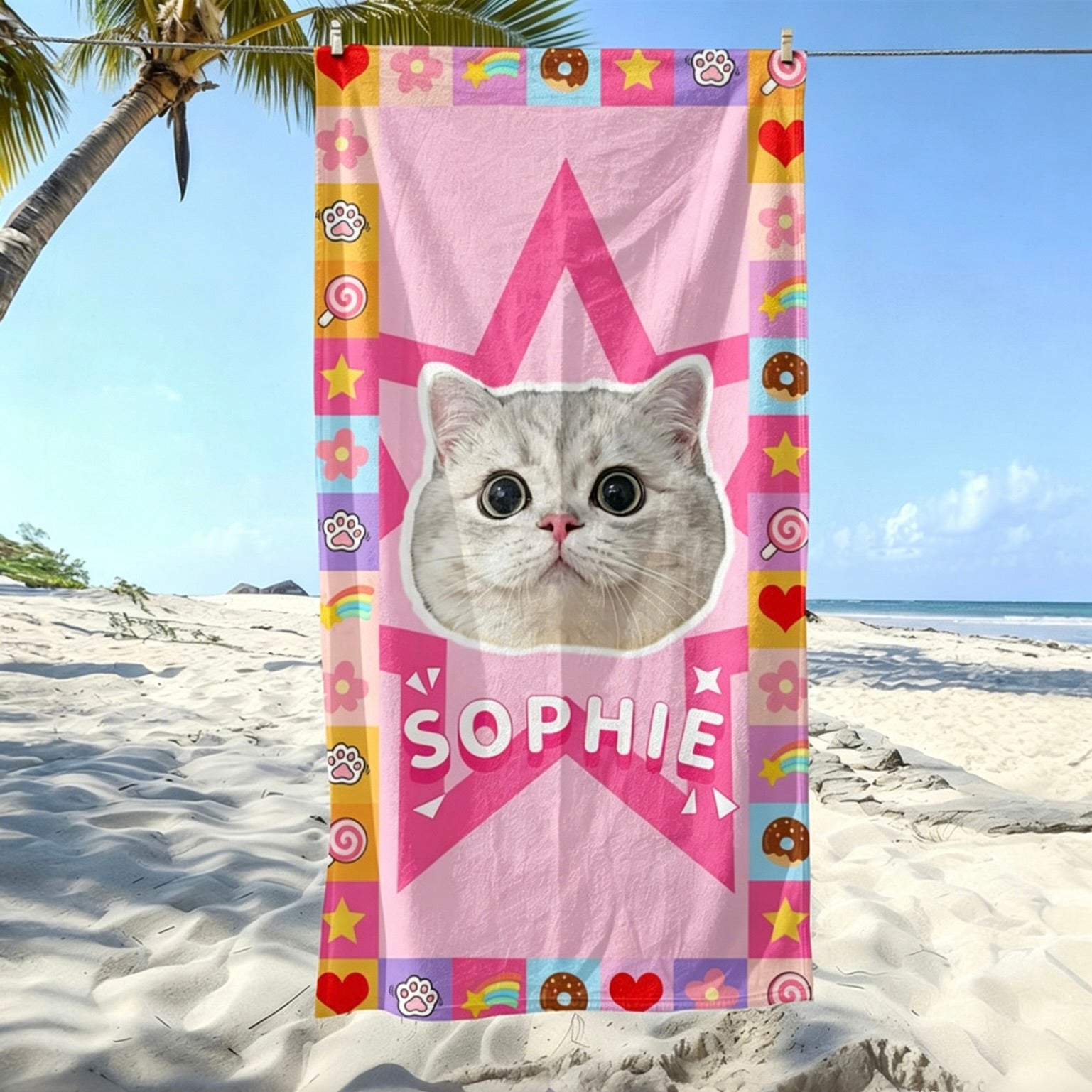 A vibrant pink custom cat portrait beach towel featuring a cute grey cat and the personalized name Sophie, hanging on a sunny beach.