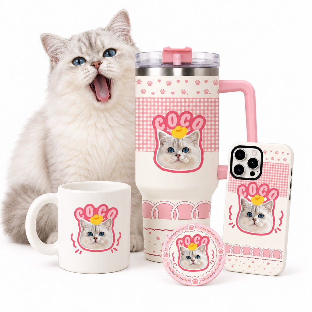 Personalized cat photo gift box set including custom printed coffee mug, insulated tumbler, phone cover, and badge beside white cat comparison.
