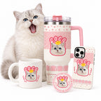 Personalized cat photo gift box set including custom printed coffee mug, insulated tumbler, phone cover, and badge beside white cat comparison.