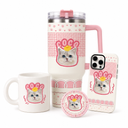 Custom cat portrait gift set featuring a personalized cat photo mug, travel tumbler, phone case, and pin badge with a cute white cat design on a pink checkered background.