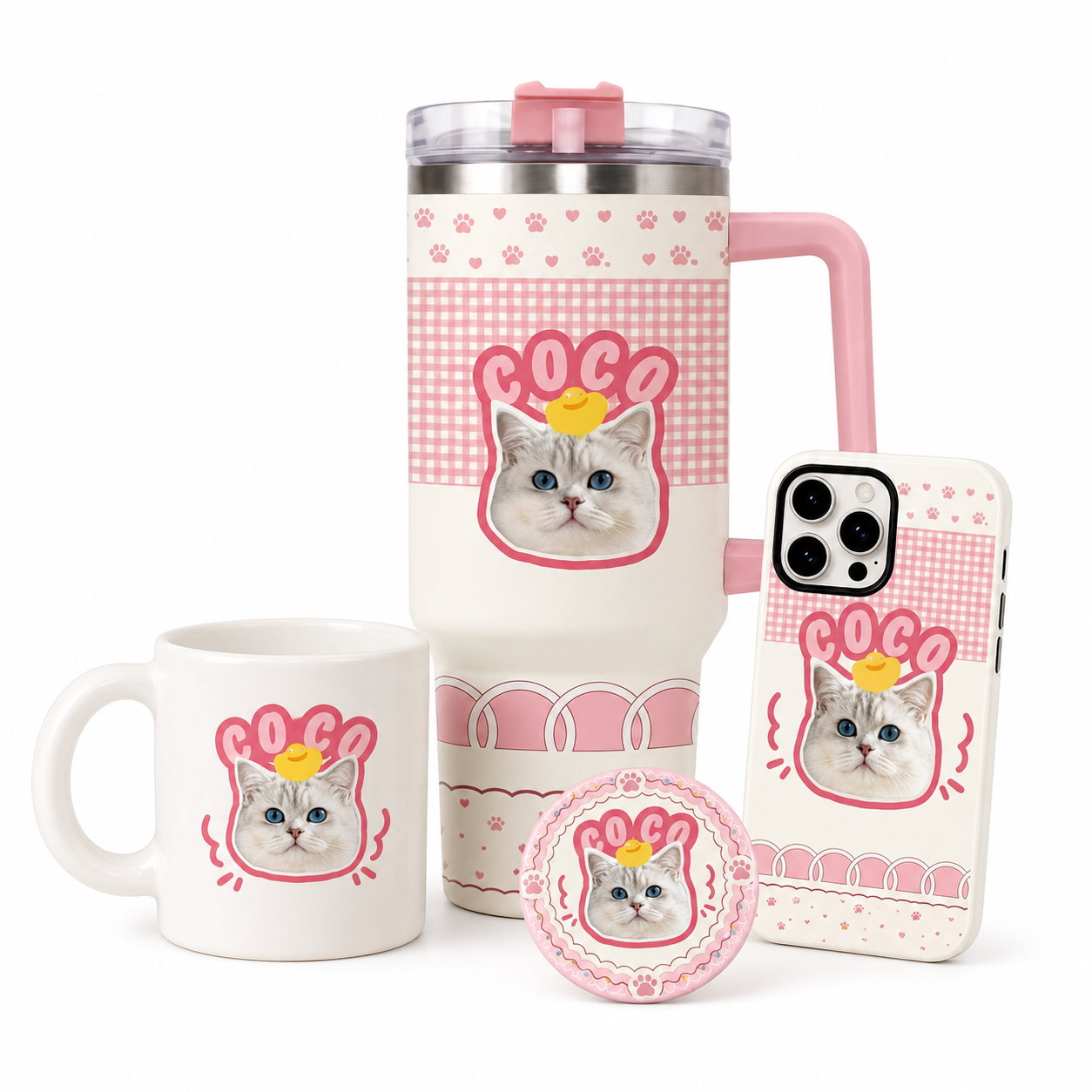 Custom cat portrait gift set featuring a personalized cat photo mug, travel tumbler, phone case, and pin badge with a cute white cat design on a pink checkered background.