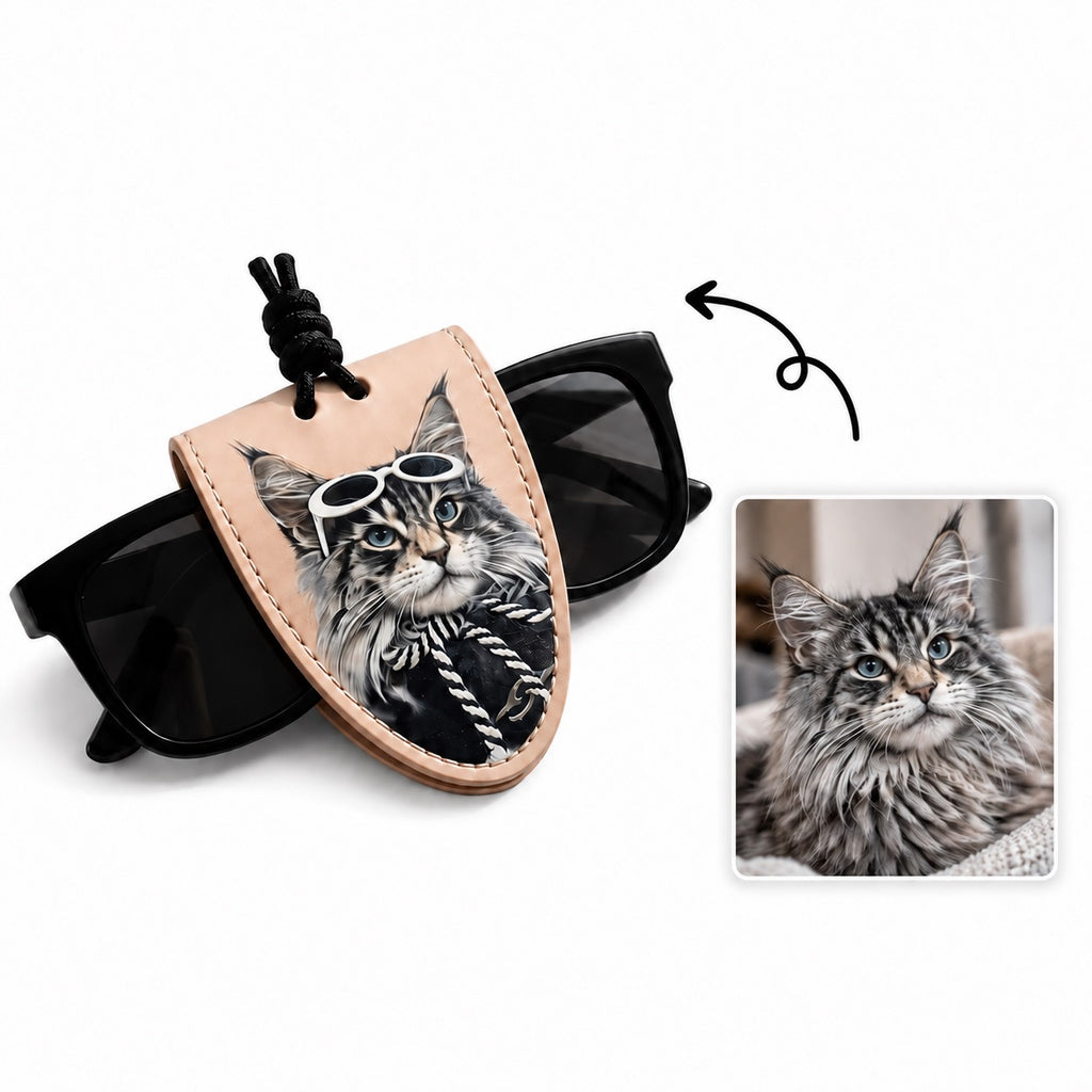 Custom cat portrait magnetic sunglasses holder necklace showing an arrow comparing a reference photo of a long-haired tabby cat to the printed leather clip holding a pair of black sunglasses.
