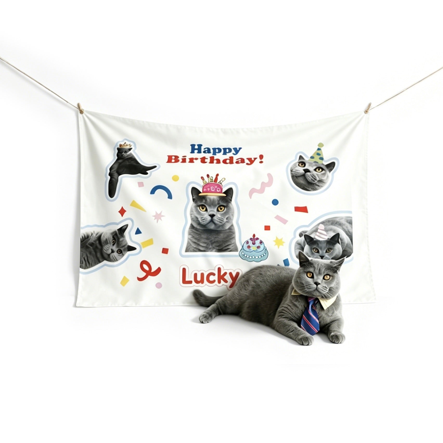 A custom cat portrait tapestry and birthday backdrop featuring a cute grey cat named Lucky with party hats, hanging on a wall.