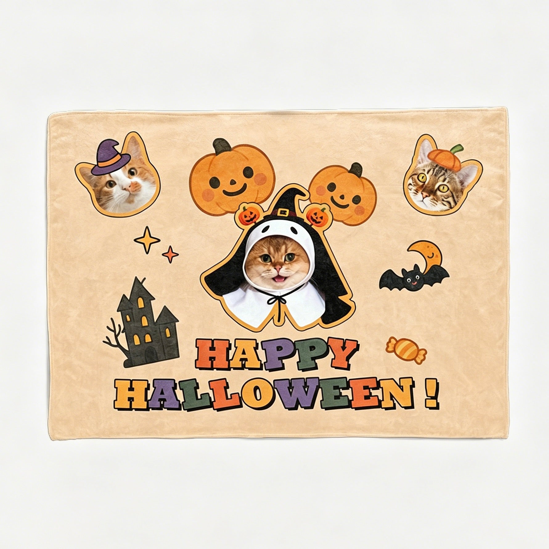 A beige custom cat portrait Halloween backdrop tapestry featuring multiple cute cats in costumes, a ghost outfit, jack-o'-lantern pumpkins, and the text HAPPY HALLOWEEN.