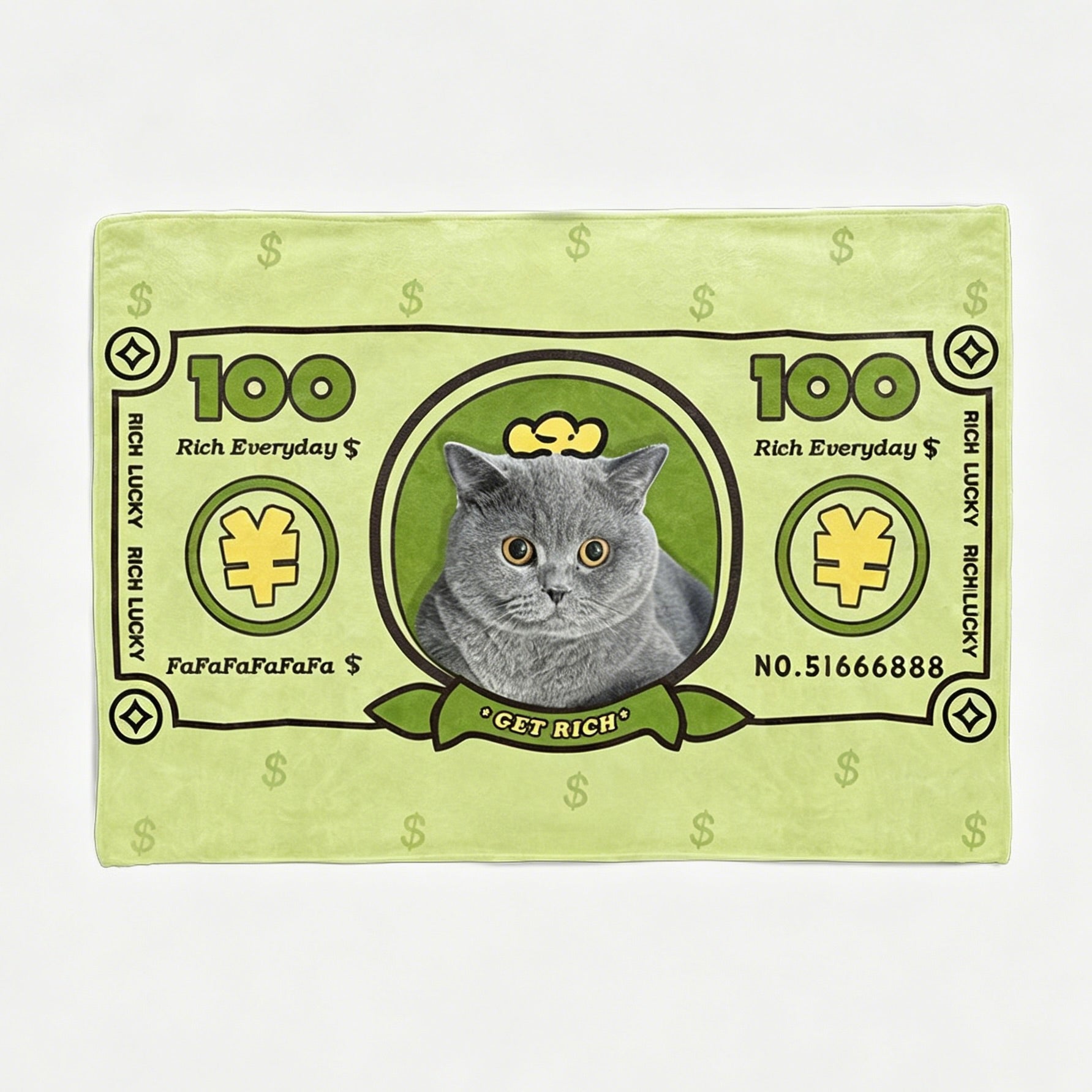A funny light green custom cat portrait tapestry designed like a 100 dollar bill, featuring a cute grey cat with a gold crown and the text Get Rich.