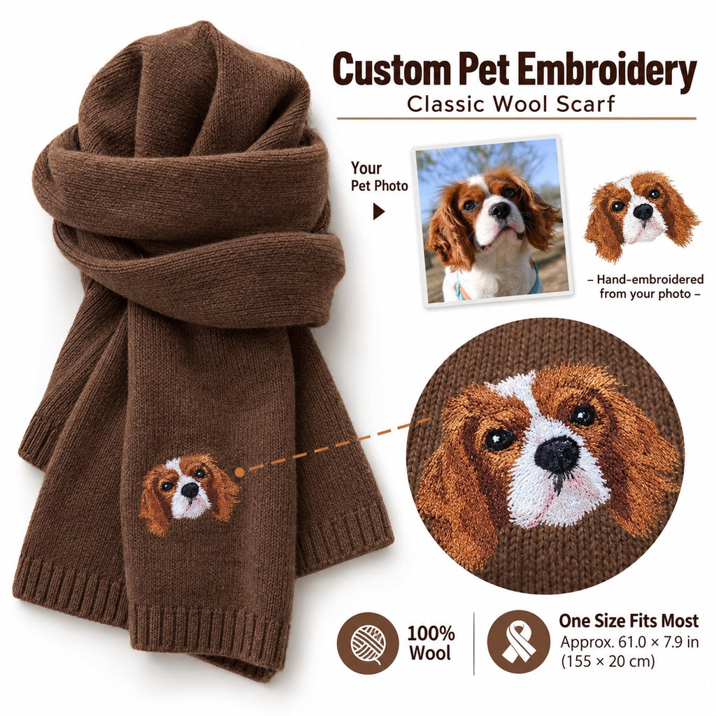 Brown wool scarf embroidered with a Cavalier dog portrait beside the reference photo and a stitch detail inset