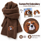 Brown wool scarf embroidered with a Cavalier dog portrait beside the reference photo and a stitch detail inset