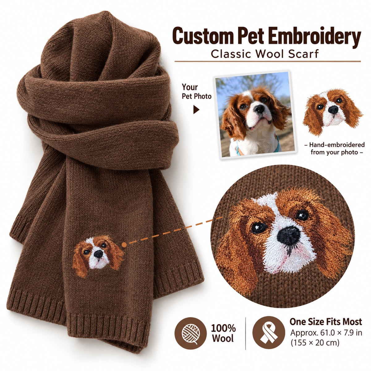 Brown wool scarf embroidered with a Cavalier dog portrait beside the reference photo and a stitch detail inset
