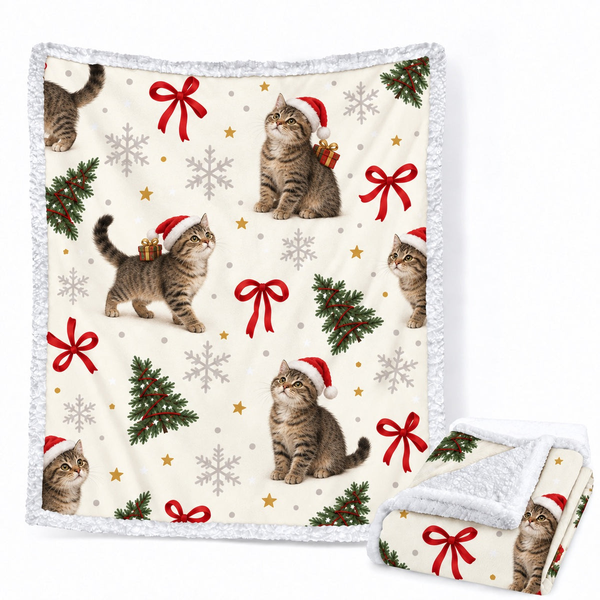 Christmas custom sherpa blanket featuring repeating cat portraits wearing Santa hats, red bows, Christmas trees, and snowflakes