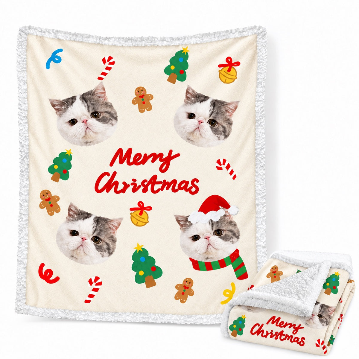 Custom Christmas pet photo sherpa blanket featuring repeating cat portraits, Santa hat, gingerbread men, and Merry Christmas text