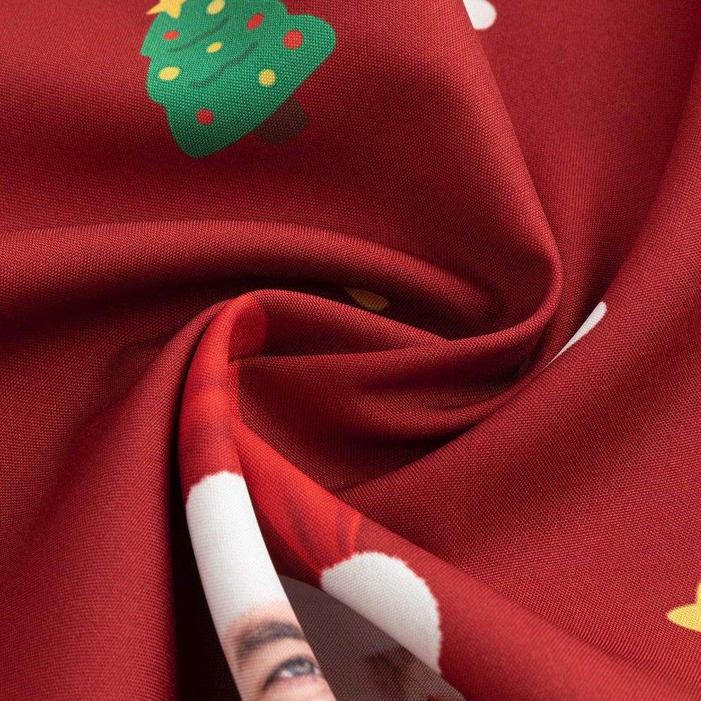 Close-up showing the soft lightweight drape of the custom Christmas shirt fabric