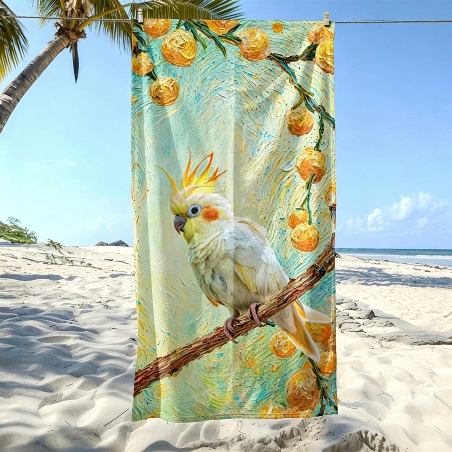 A custom cockatiel portrait beach towel in a vibrant sunflower oil painting style, hanging on a sunny tropical beach.