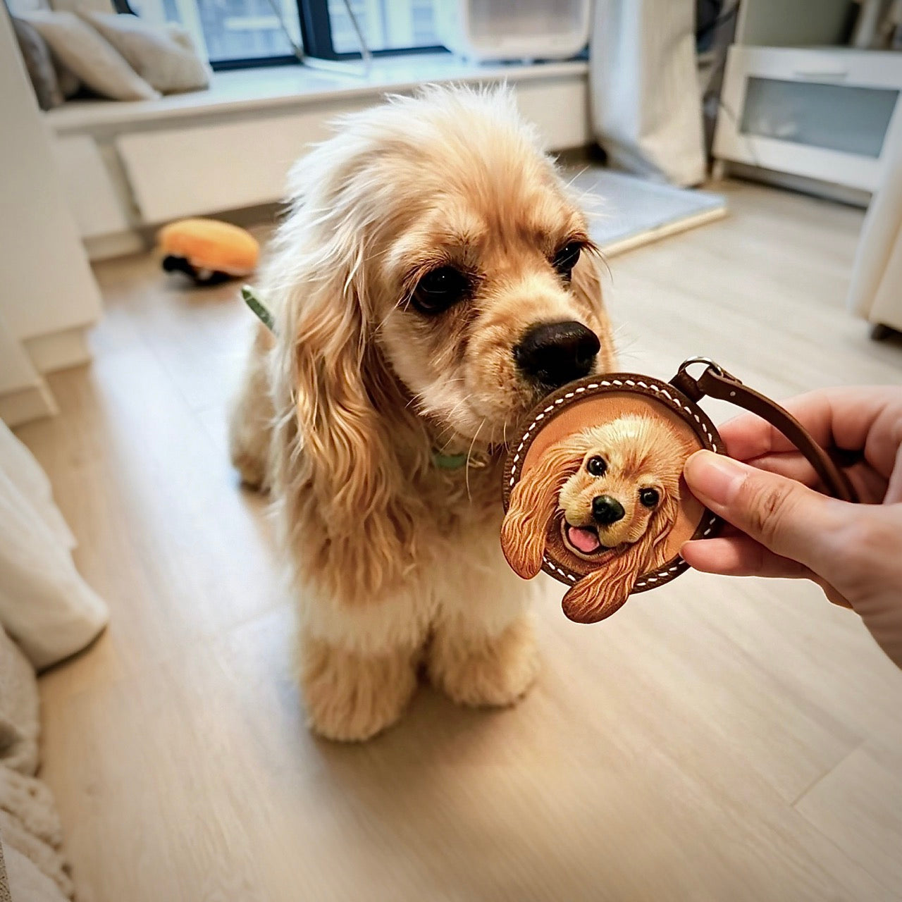 An American Cocker Spaniel dog looking at a custom 3D leather pet keychain portrait of itself, showing a personalized hand-painted leather dog charm.