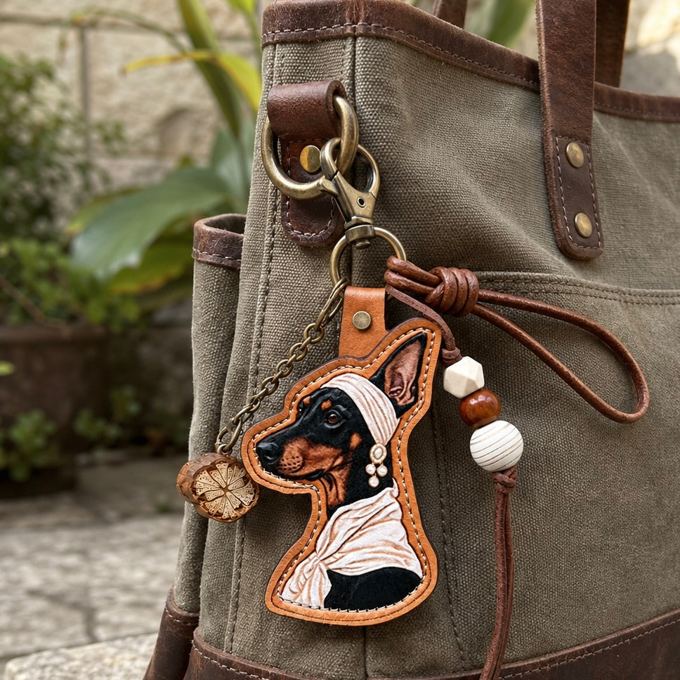 A custom illustrated Doberman dog portrait leather bag charm wearing a white headscarf, styled as a personalized pet photo keychain with decorative beads hanging on a canvas tote bag.