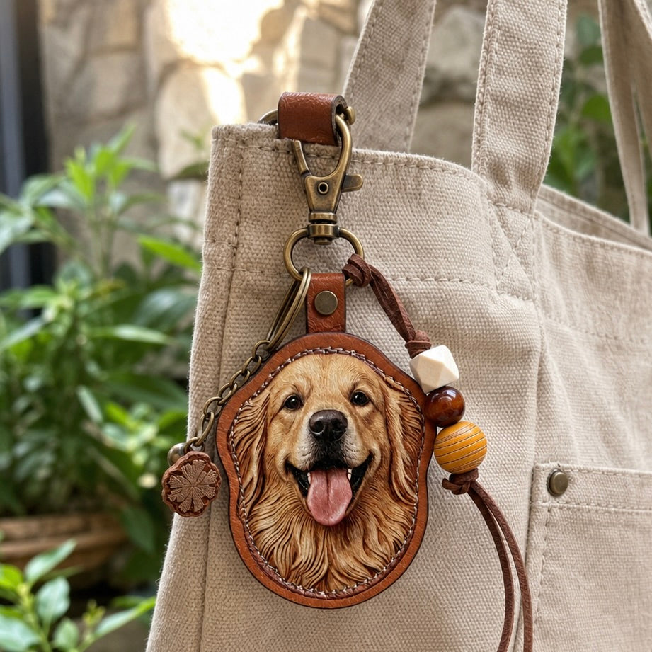A custom illustrated Doberman dog portrait leather bag charm wearing a white headscarf, styled as a personalized pet photo keychain with decorative beads hanging on a canvas tote bag.