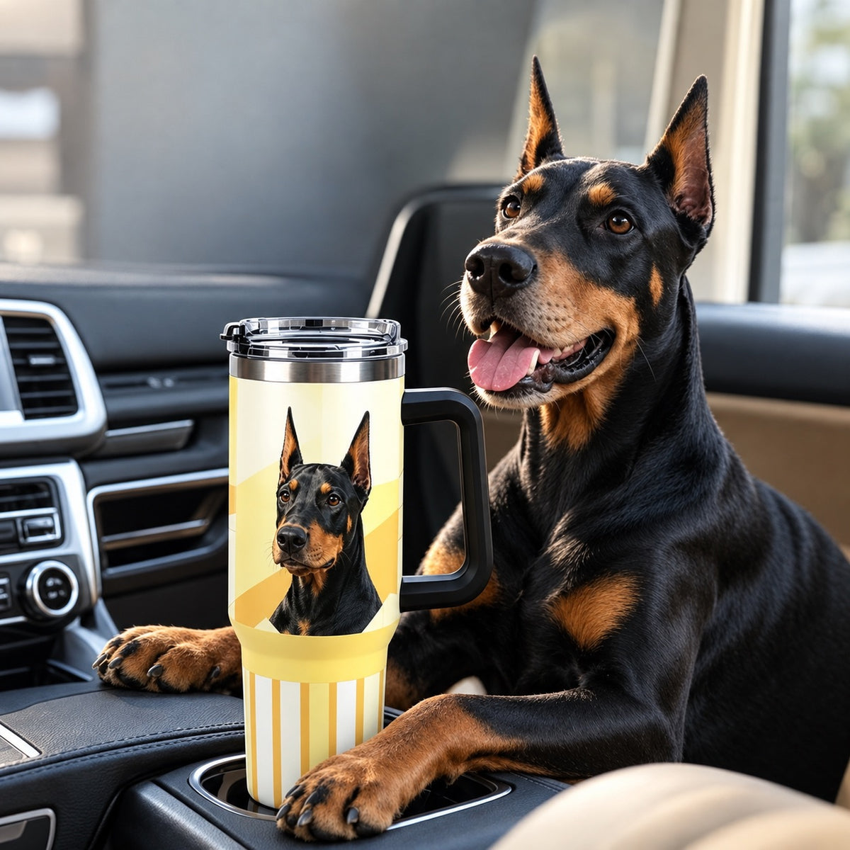 Doberman sitting beside a yellow custom dog photo tumbler in a car interior