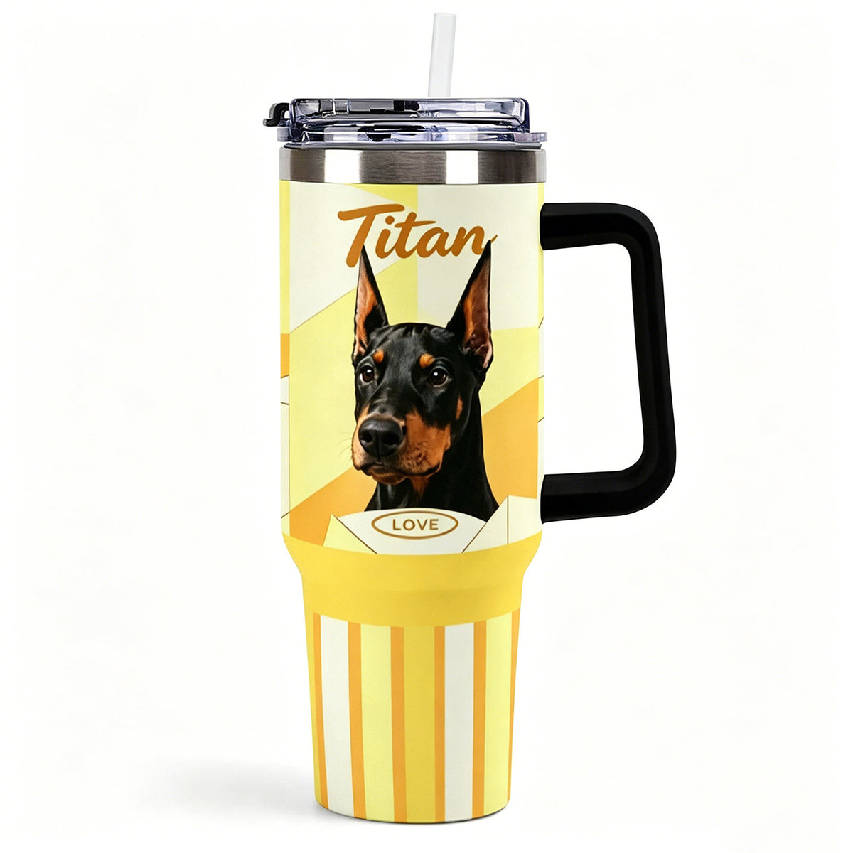 Black handled custom tumbler printed with a Doberman portrait and yellow geometric design