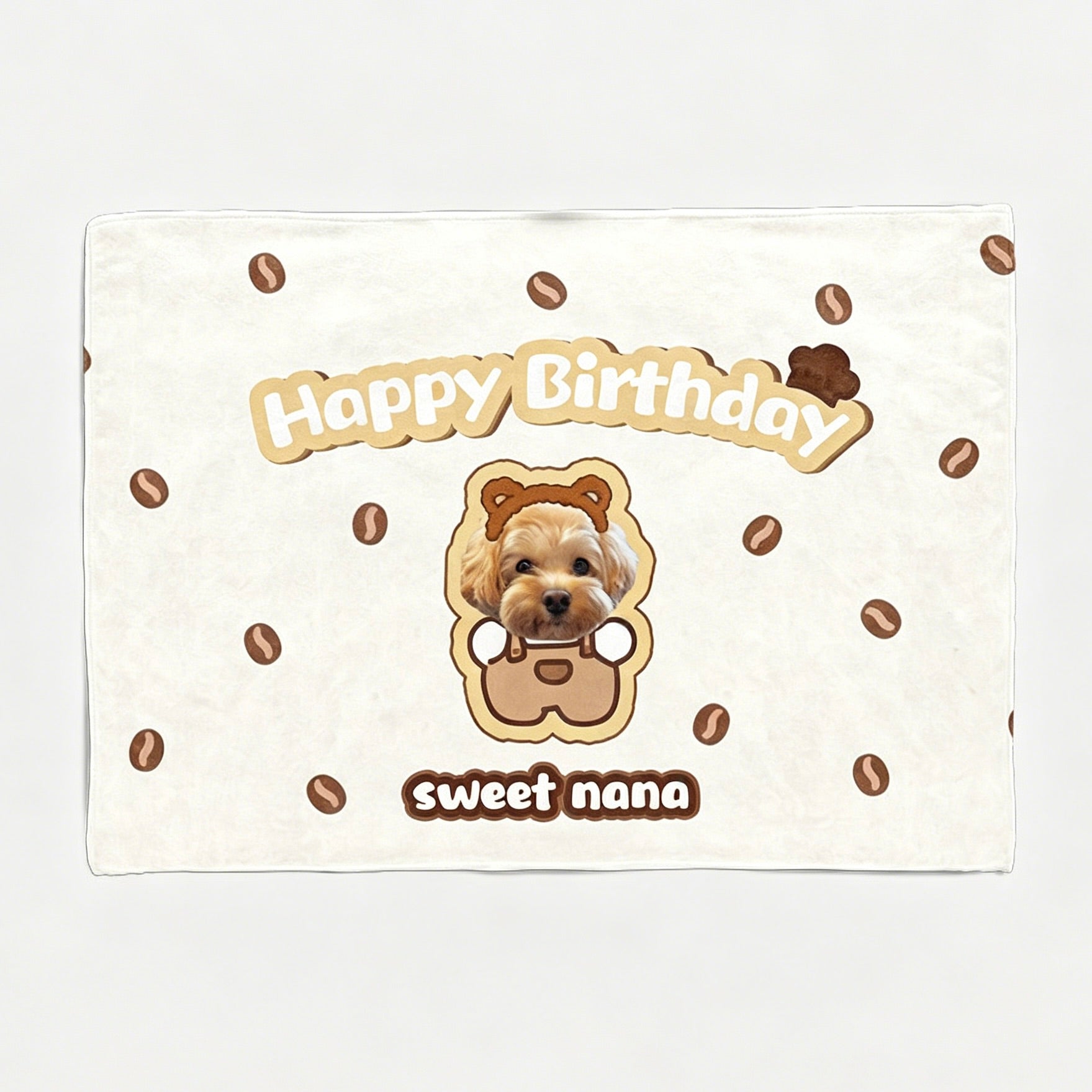 A beige custom dog portrait birthday backdrop tapestry featuring a cute puppy photo inside a cartoon bear frame with coffee bean patterns and the text sweet nana.