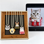 Four custom dog and cat portrait necklace examples displayed beside a cat reference image
