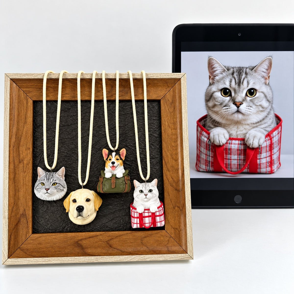 Four custom dog and cat portrait necklace examples displayed beside a cat reference image