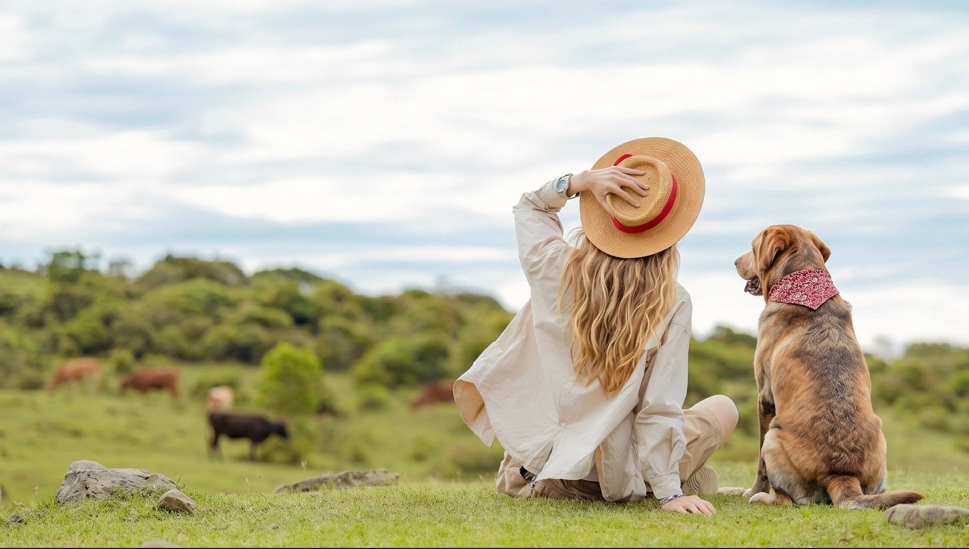 A woman sitting on a grassy hill next to a Golden Retriever dog wearing a custom bandana, representing personalized dog memorial gifts and pet loss keepsakes for dog lovers.