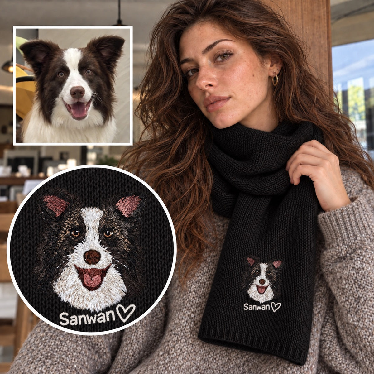 Black scarf with a custom black-and-white dog portrait, reference photo, name and embroidery close-up
