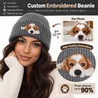 Gray knit beanie with a custom brown-and-white dog portrait, reference photo and embroidery close-up
