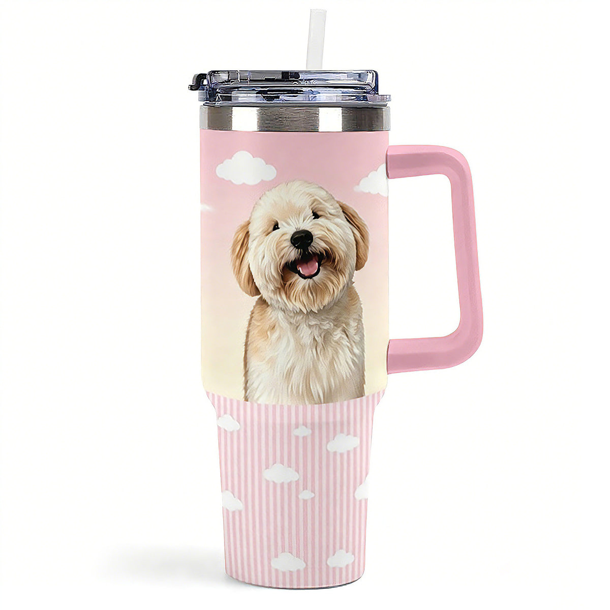 Pink handled custom tumbler printed with a smiling cream dog portrait and cloud pattern