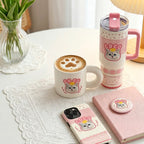 Custom dog portrait gift set featuring a personalized dog photo mug, travel tumbler, phone case, and pin badge, perfect unique gift for dog moms.