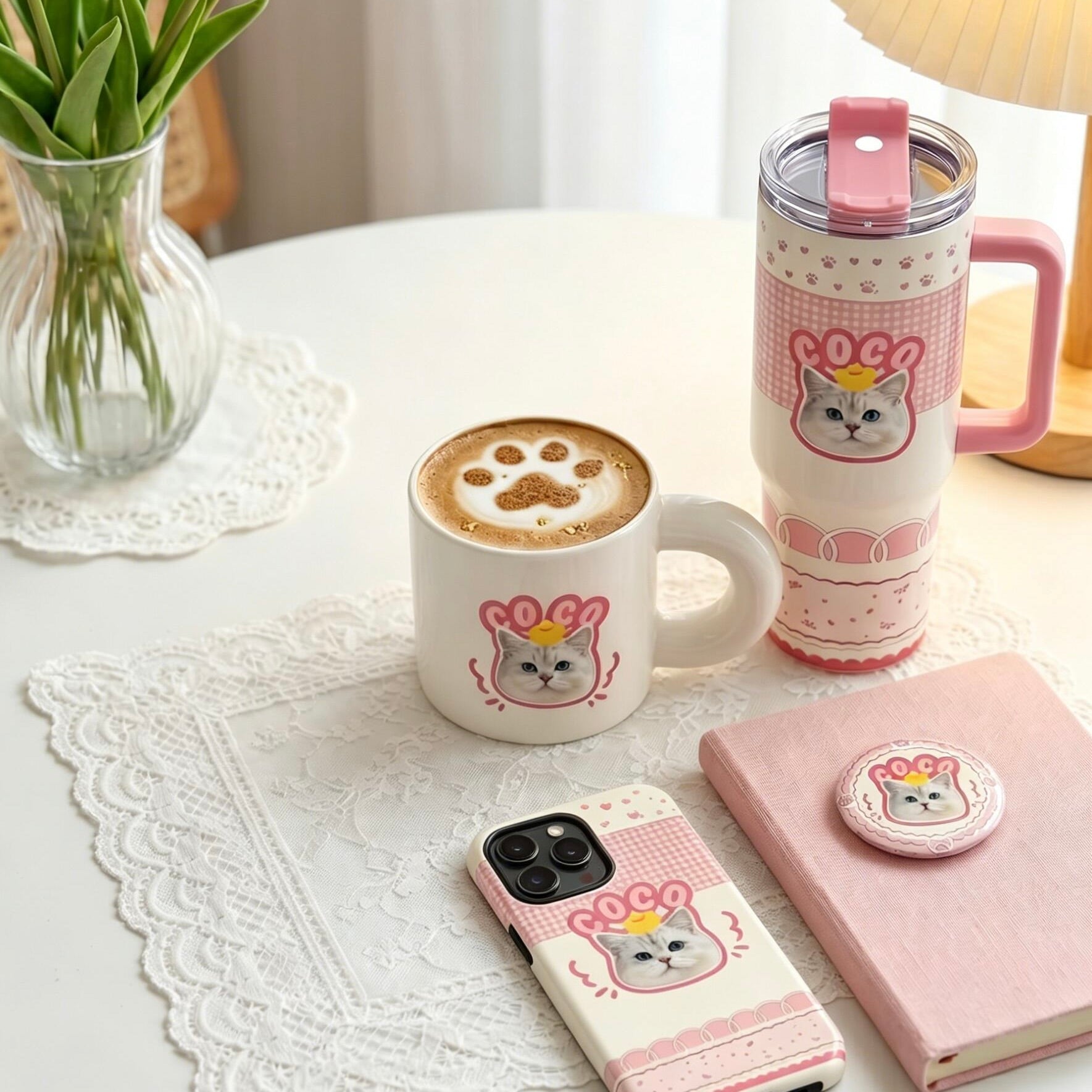 Custom dog portrait gift set featuring a personalized dog photo mug, travel tumbler, phone case, and pin badge, perfect unique gift for dog moms.