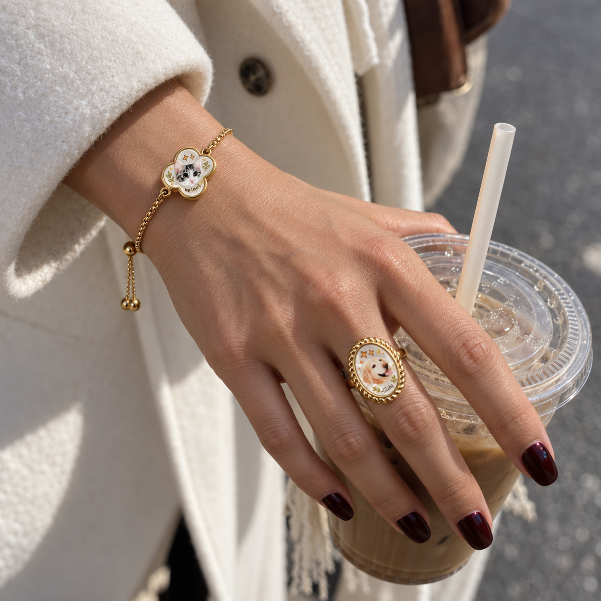 Gold custom dog portrait ring worn with a coordinating clover pet portrait bracelet