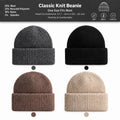 Four classic knit beanie colors with material composition and a one-size head circumference of 21.7 to 24.4 inches