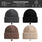 Four classic knit beanie colors with material composition and a one-size head circumference of 21.7 to 24.4 inches
