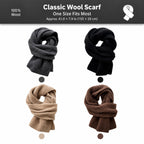 Four wool knit scarf colors in gray, black, beige and brown with approximate dimensions of 61 by 7.9 inches