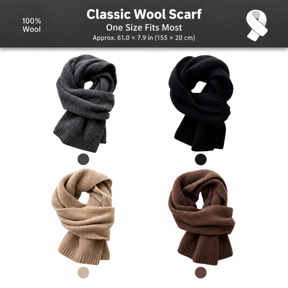 Four wool knit scarf colors in gray, black, beige and brown with approximate dimensions of 61 by 7.9 inches