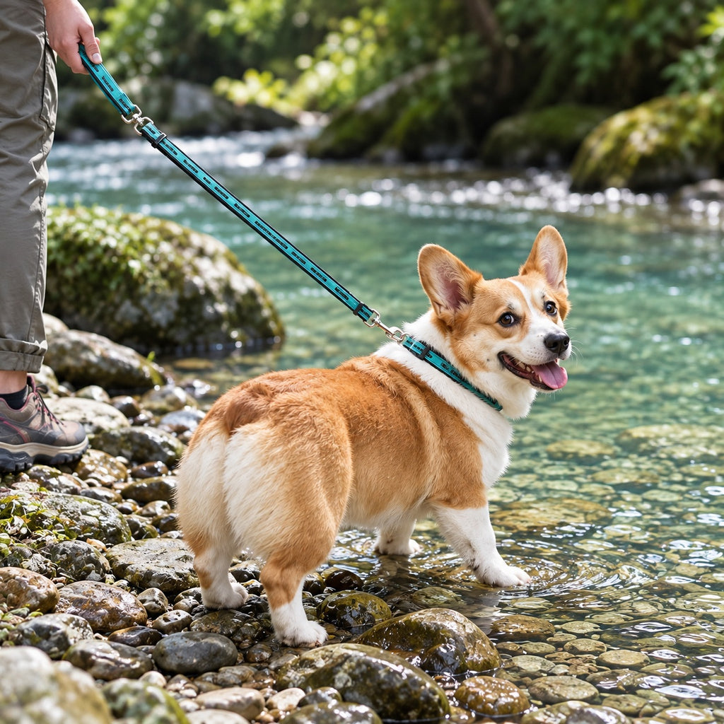 Welsh Corgi wearing a custom engraved dog collar with a matching padded leash in a river nature setting.