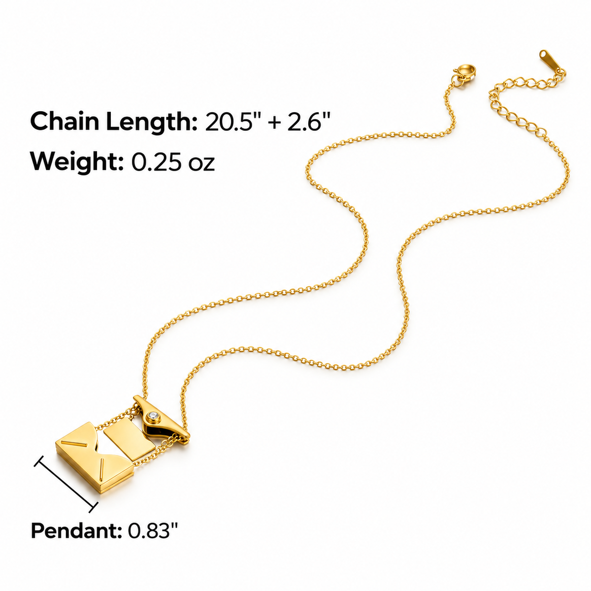 Size guide for an envelope necklace with 20.5 inch chain, 2.6 inch extender and 0.83 inch pendant