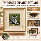 Framed pet relief art feature graphic showing an included frame, single and multiple pets, and size options