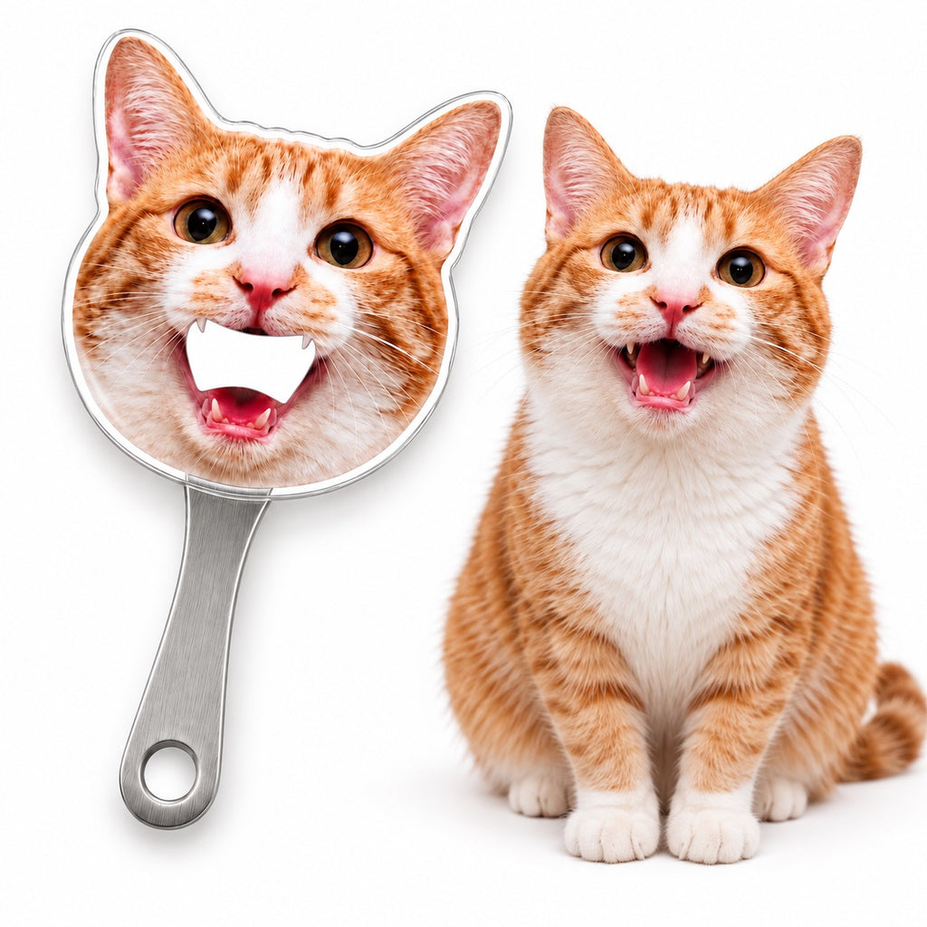 Custom magnetic bottle opener featuring a funny open-mouth ginger cat face, displayed next to the original cat photo.
