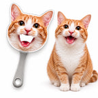 Custom magnetic bottle opener featuring a funny open-mouth ginger cat face, displayed next to the original cat photo.