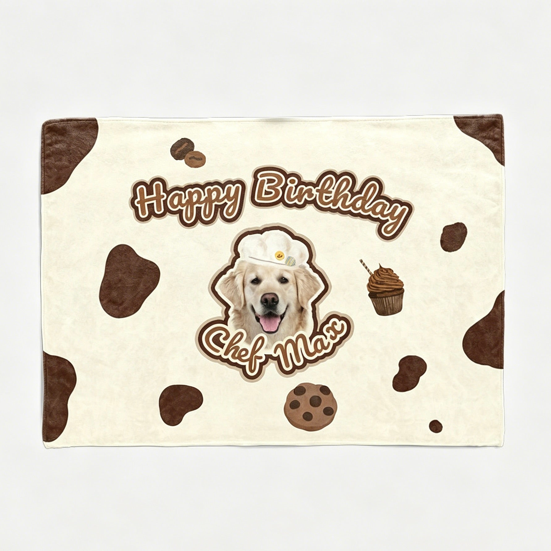 A cream-colored custom dog portrait birthday backdrop tapestry featuring a Golden Retriever wearing a chef hat, with chocolate cookie patterns and the text Chef Max.
