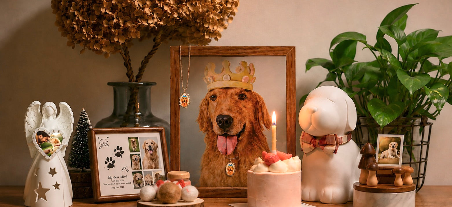 A custom Golden Retriever memorial decor setup on a wooden table, featuring a personalized pet loss shrine with a hand-painted dog portrait, ceramic pet urn, paw print frame kit, and white angel figurine.