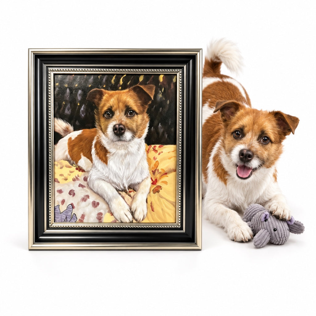 Custom hand-painted oil painting portrait of a brown and white dog in an ornate silver frame, displayed next to the real dog.