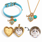 Personalized interchangeable pet photo locket necklace and cat collar set with custom Ragdoll cat photo inside an opening heart pendant.
