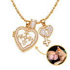Open gold heart photo locket necklace showing a custom child and cat picture with a zircon key charm