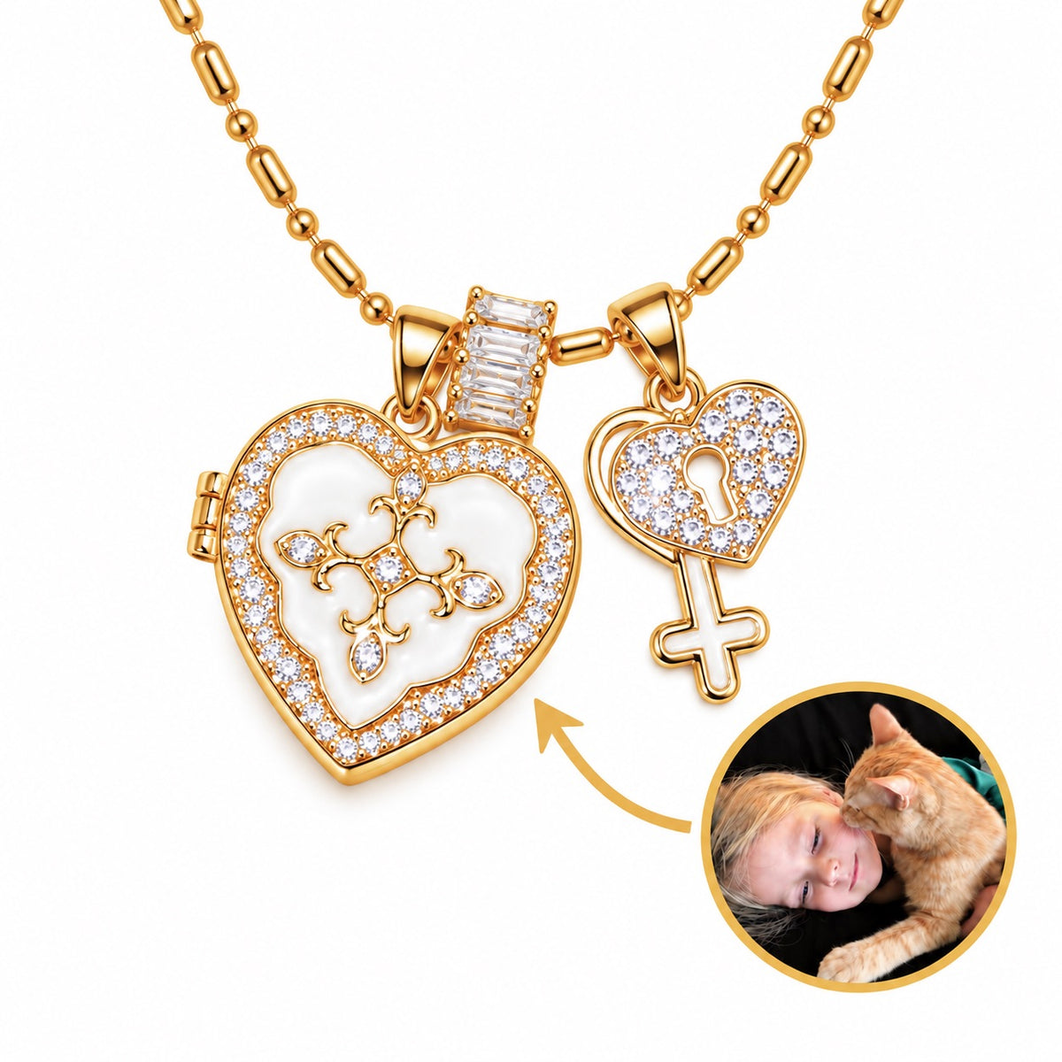 Open gold heart photo locket necklace showing a custom child and cat picture with a zircon key charm
