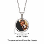 Silver round temperature-sensitive photo pendant measuring 18 mm or 0.71 inch in diameter