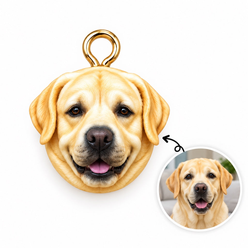 Custom yellow Labrador 3D pet head pendant shown with a circular reference photograph
