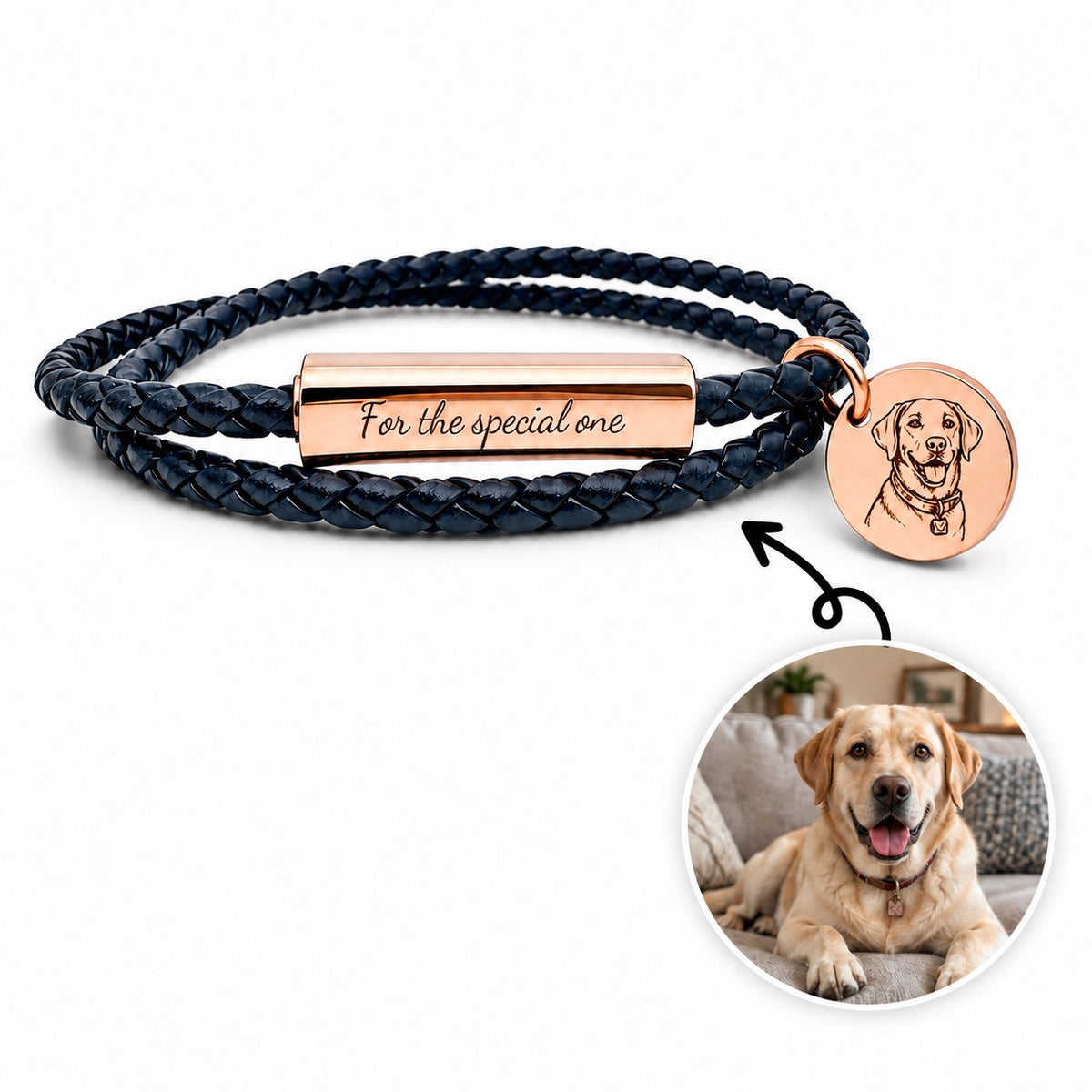 Personalized pet photo braided bracelet with custom engraved rose gold message bar and dog portrait charm.