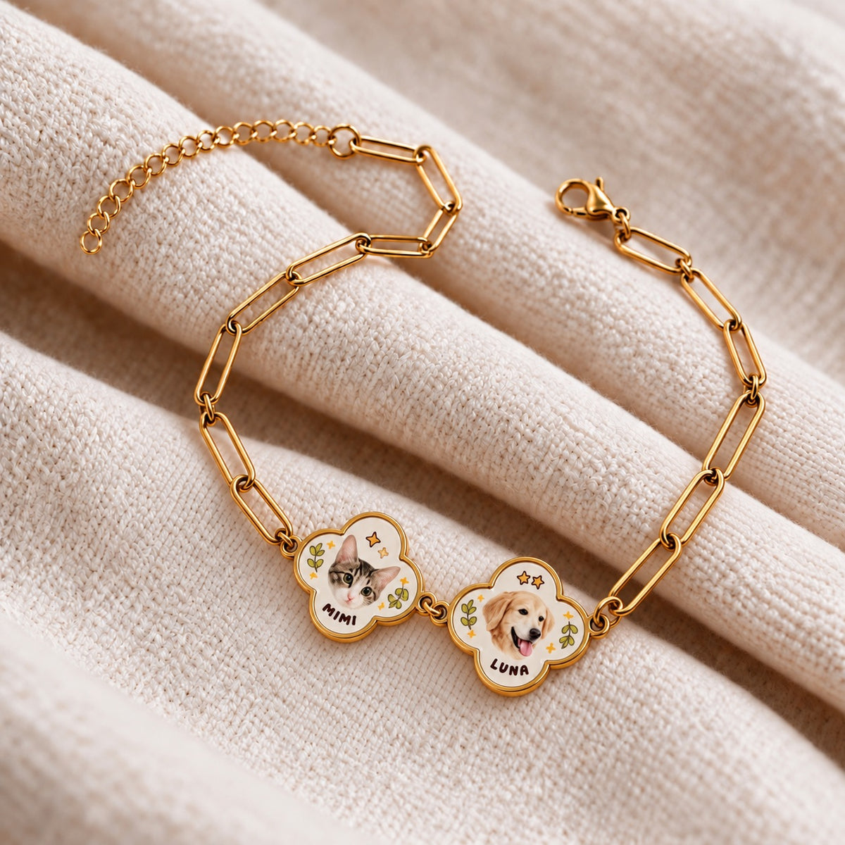 Gold-tone custom mother-of-pearl clover pet portrait bracelet featuring cat and dog photo charms with names MIMI and LUNA